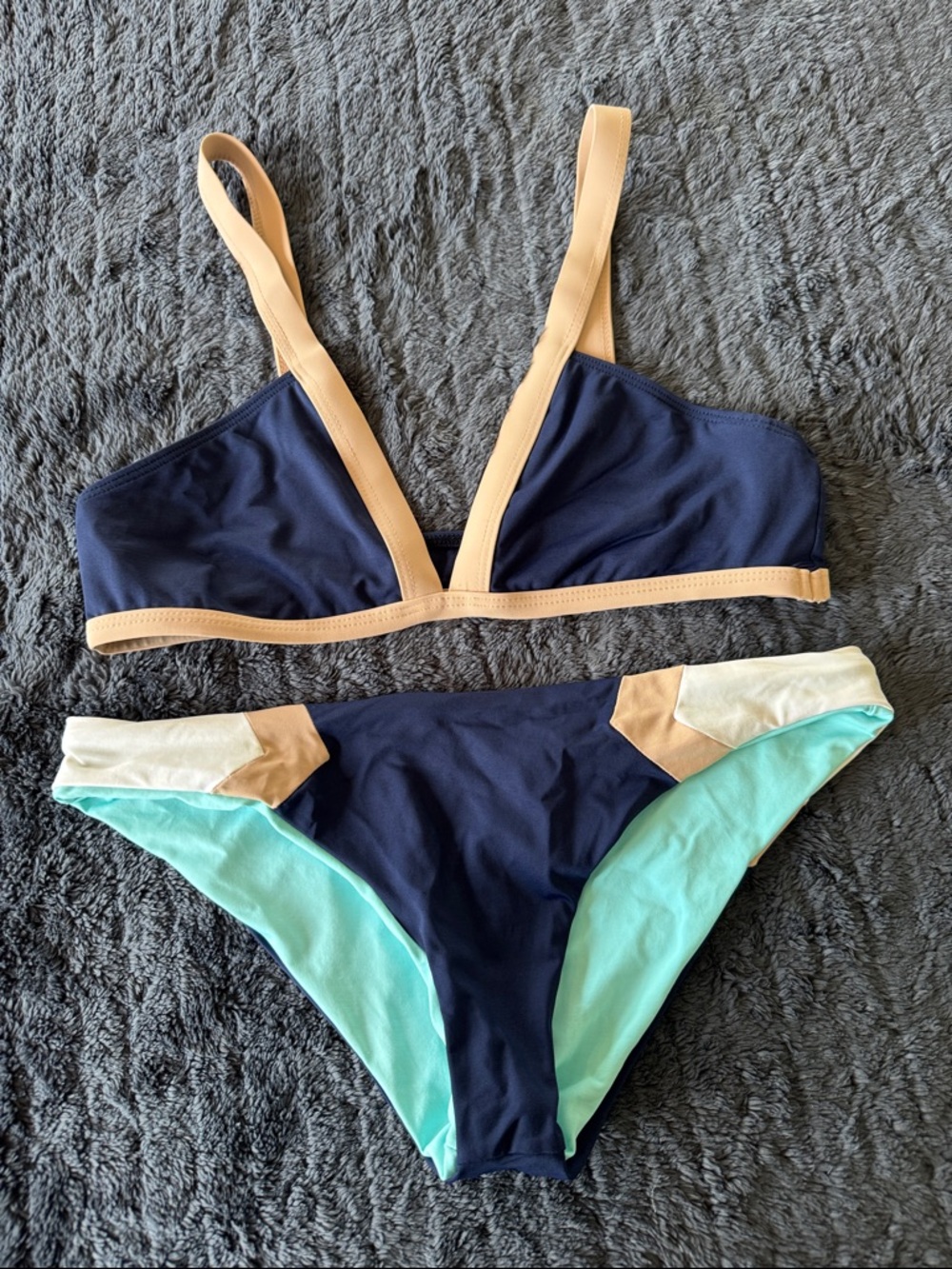 Navy & Mint Colorblock Bikini Set with Tan Trim